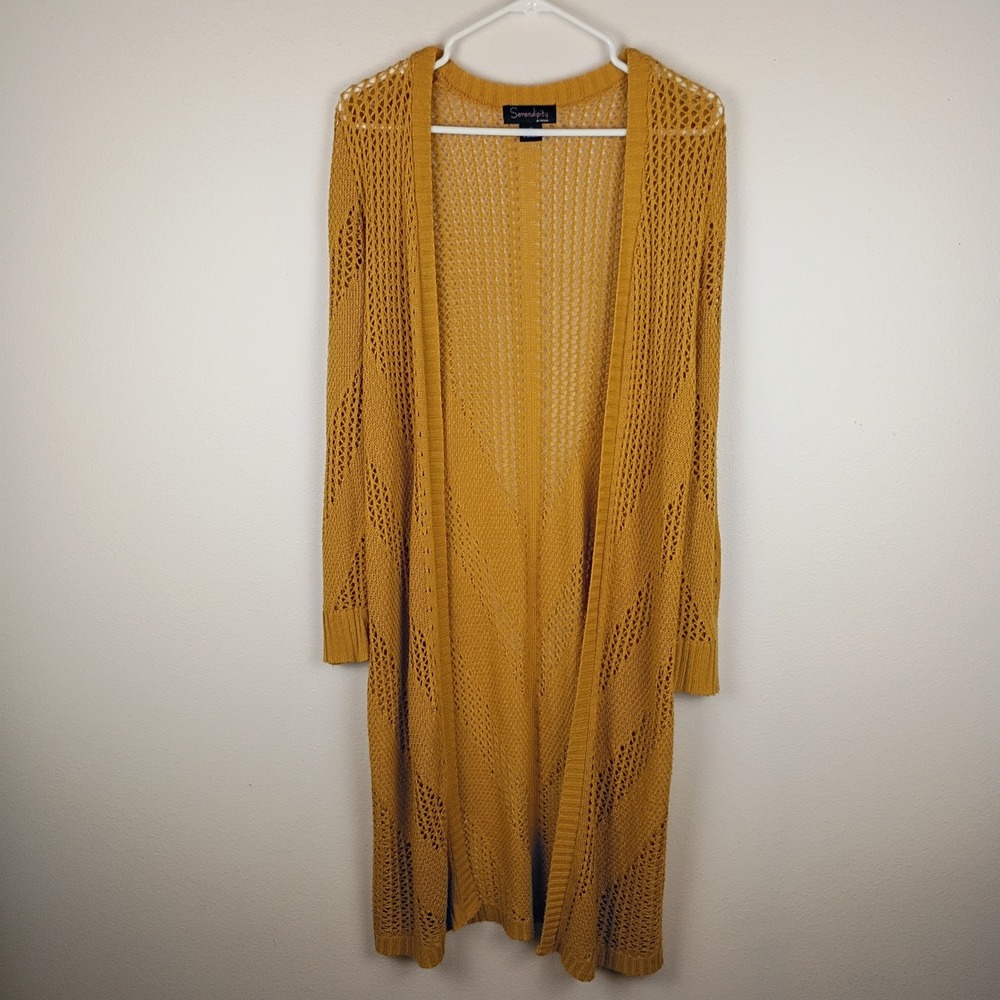 Serendipity by Victoria Mustard Yellow Open Knit Longline Cardigan Sweater Med - Picture 2 of 5